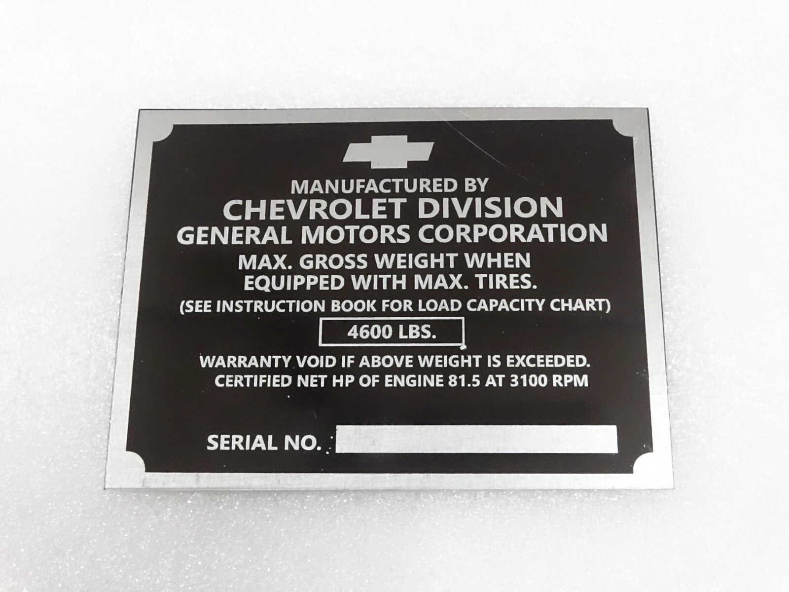 DATA PLATE FOR VINTAGE CHEVEROLET CHEVY 1/2 TON TRUCK POST 1950 MODEL #V240-7