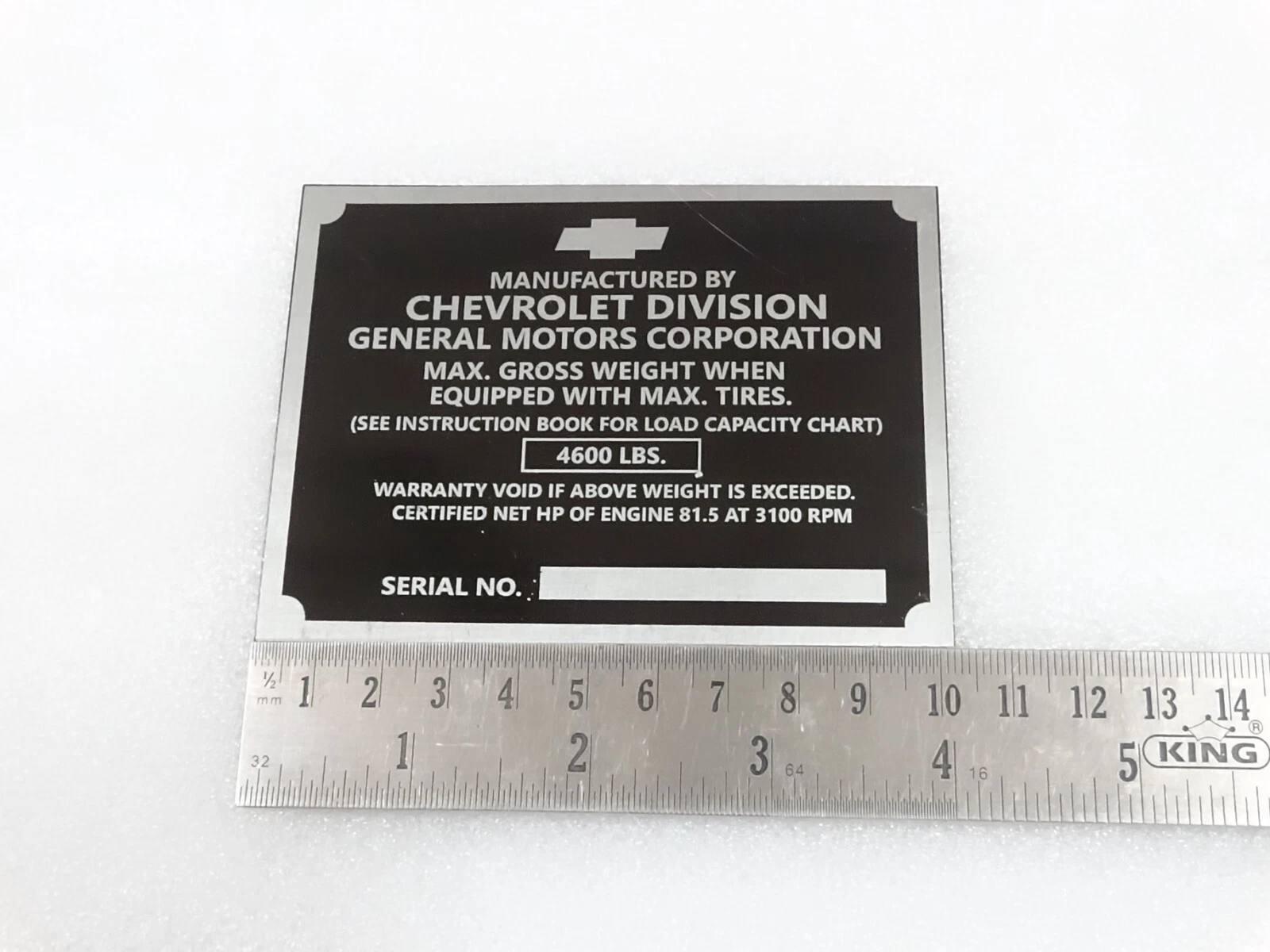 DATA PLATE FOR VINTAGE CHEVEROLET CHEVY 1/2 TON TRUCK POST 1950 MODEL #V240-7