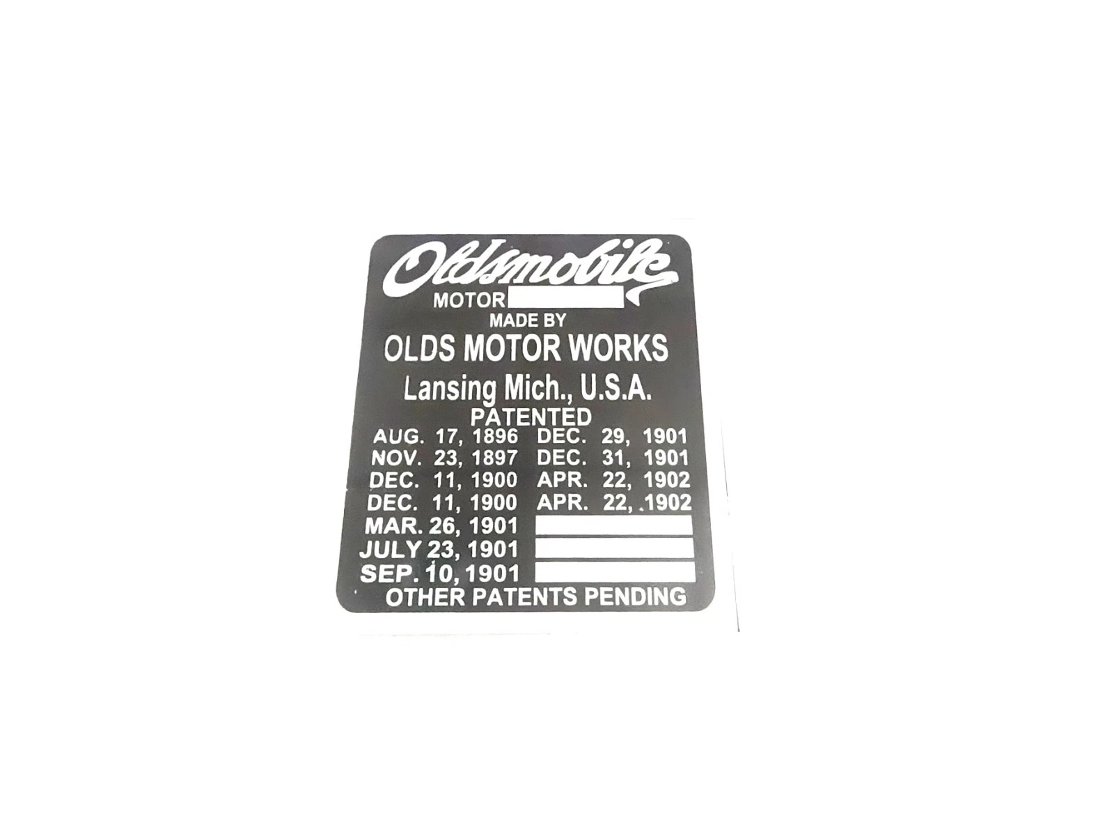 ALLOY DATA PLATE FITS TO VINTAGE OLDSMOBILE MOTOR 1896-1902 #V492-8