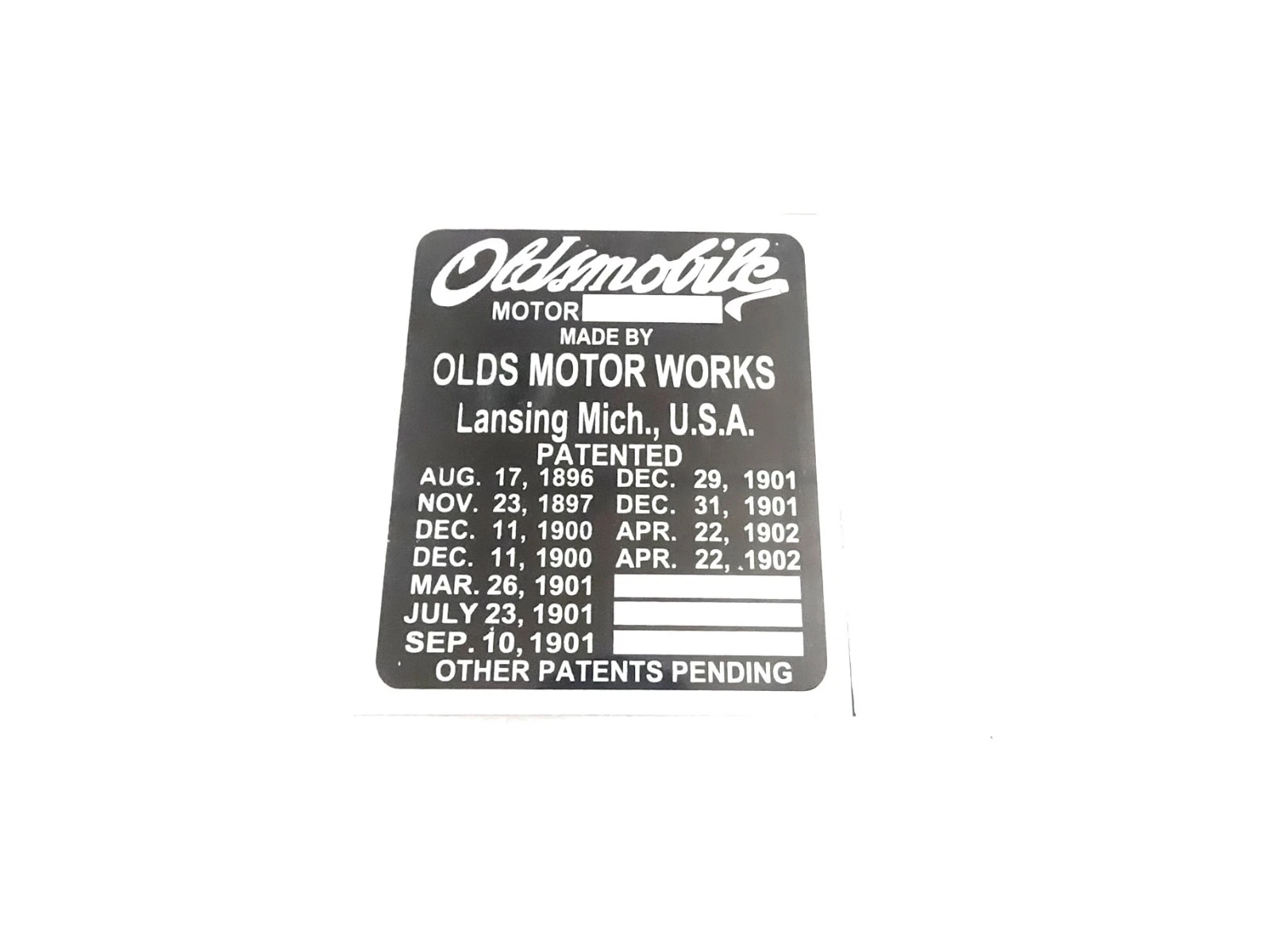 ALLOY DATA PLATE FITS TO VINTAGE OLDSMOBILE MOTOR 1896-1902 #V492-8