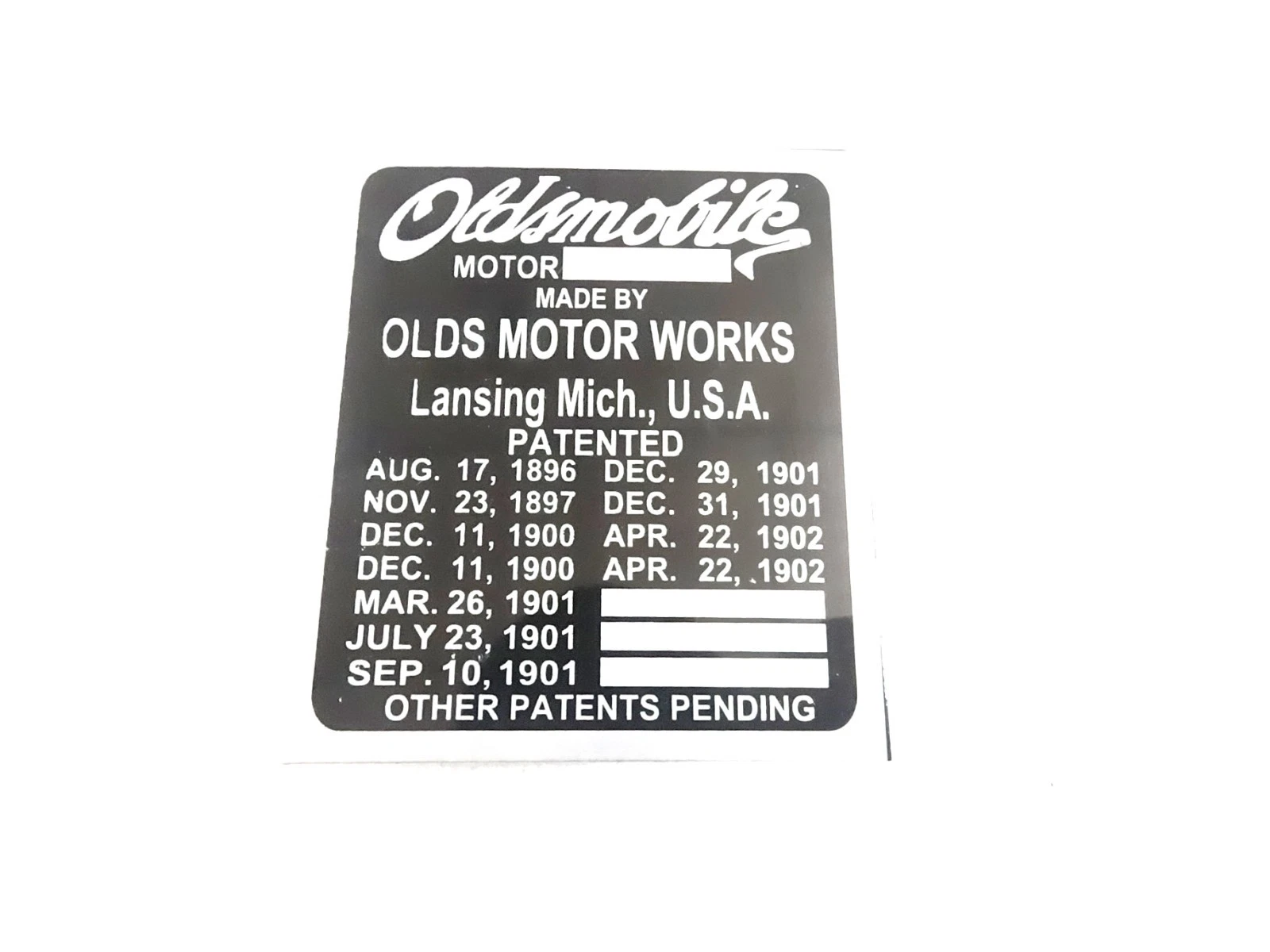 ALLOY DATA PLATE FITS TO VINTAGE OLDSMOBILE MOTOR 1896-1902 #V492-8