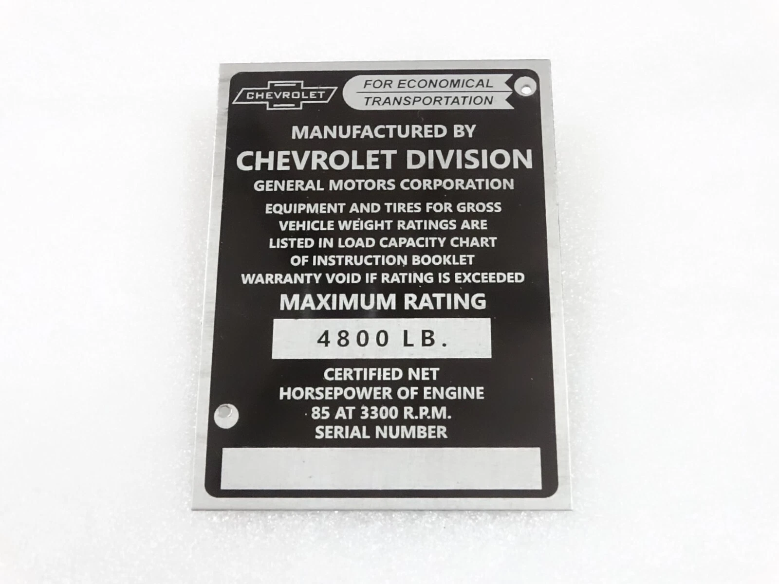 DATA PLATE FOR VINTAGE CHEVEROLET CHEVY 1/2 TON TRUCK POST 1953 #V237-7