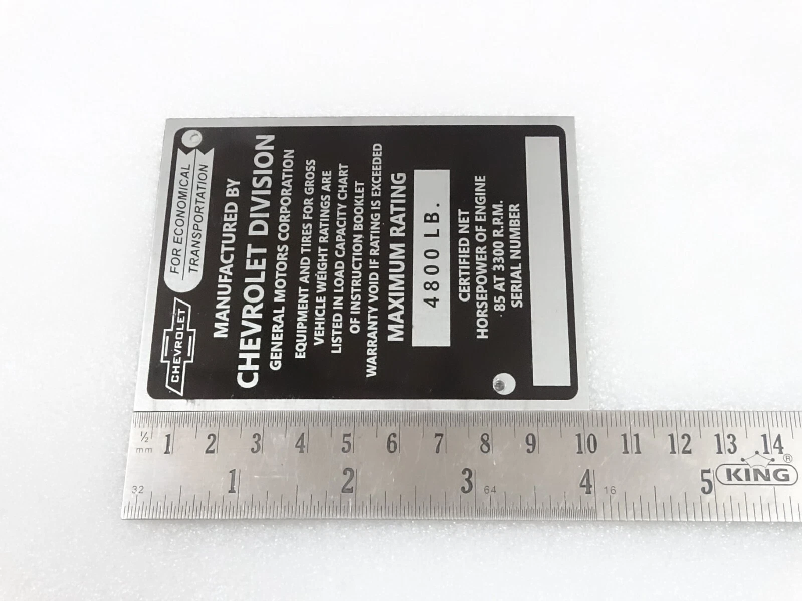 DATA PLATE FOR VINTAGE CHEVEROLET CHEVY 1/2 TON TRUCK POST 1953 #V237-7