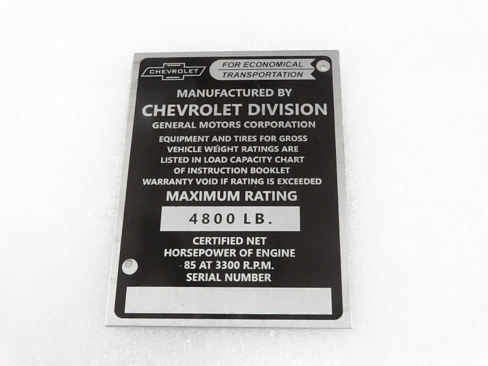DATA PLATE FOR VINTAGE CHEVEROLET CHEVY 1/2 TON TRUCK POST 1953 #V237-7