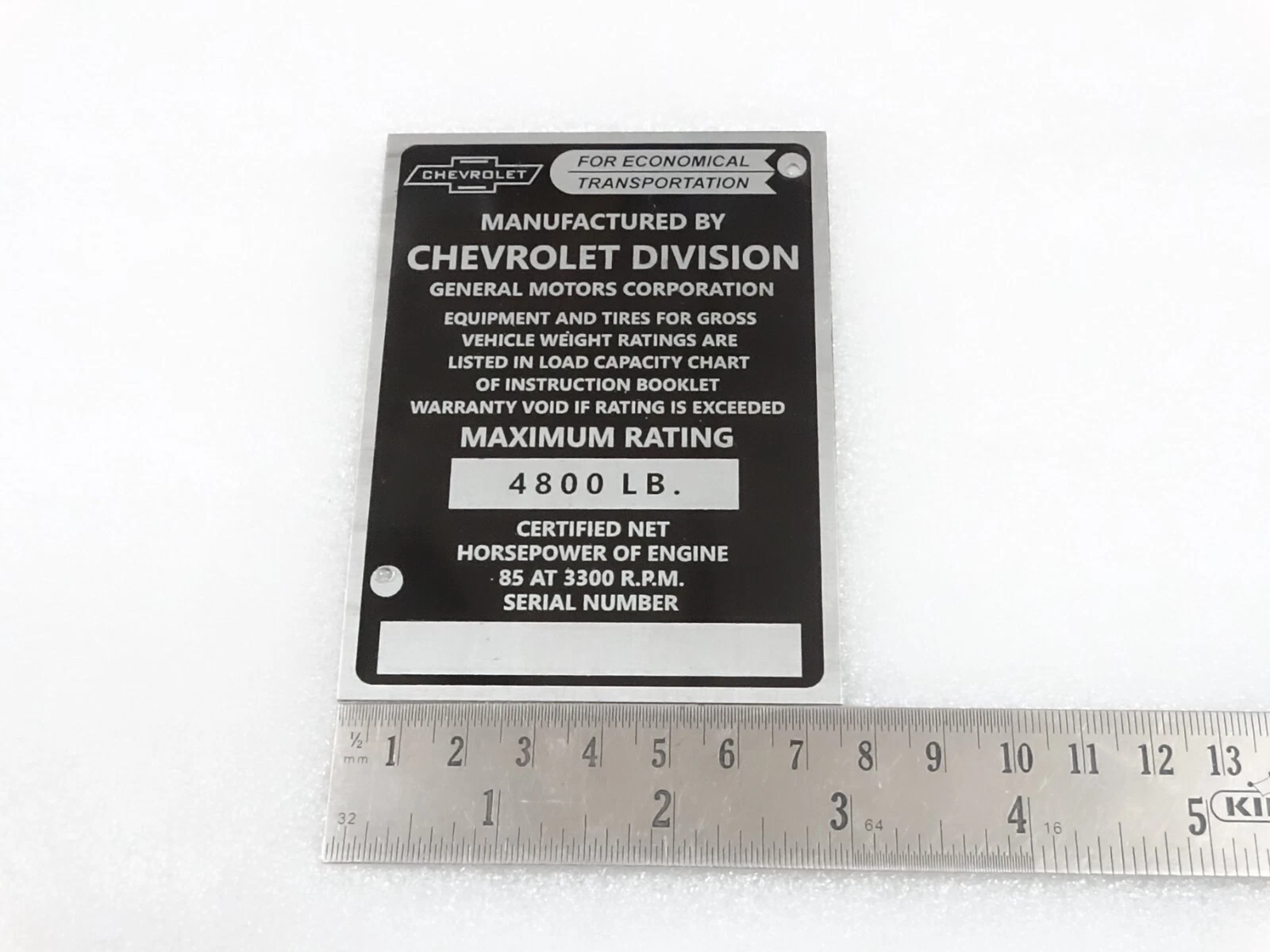 DATA PLATE FOR VINTAGE CHEVEROLET CHEVY 1/2 TON TRUCK POST 1953 #V237-7