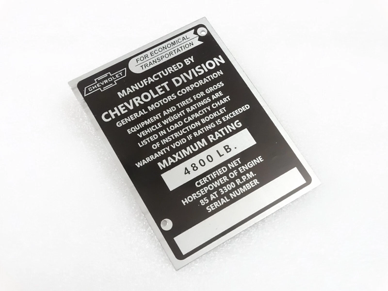 DATA PLATE FOR VINTAGE CHEVEROLET CHEVY 1/2 TON TRUCK POST 1953 #V237-7