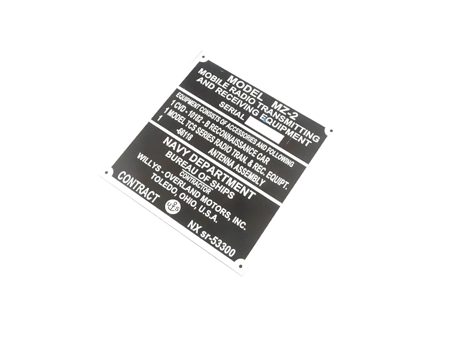 DATA PLATE FITS TO MZ-2 MOBILE RADIO TRANSMITTING WILLYS MB NAVY MARINE DEPTT #V