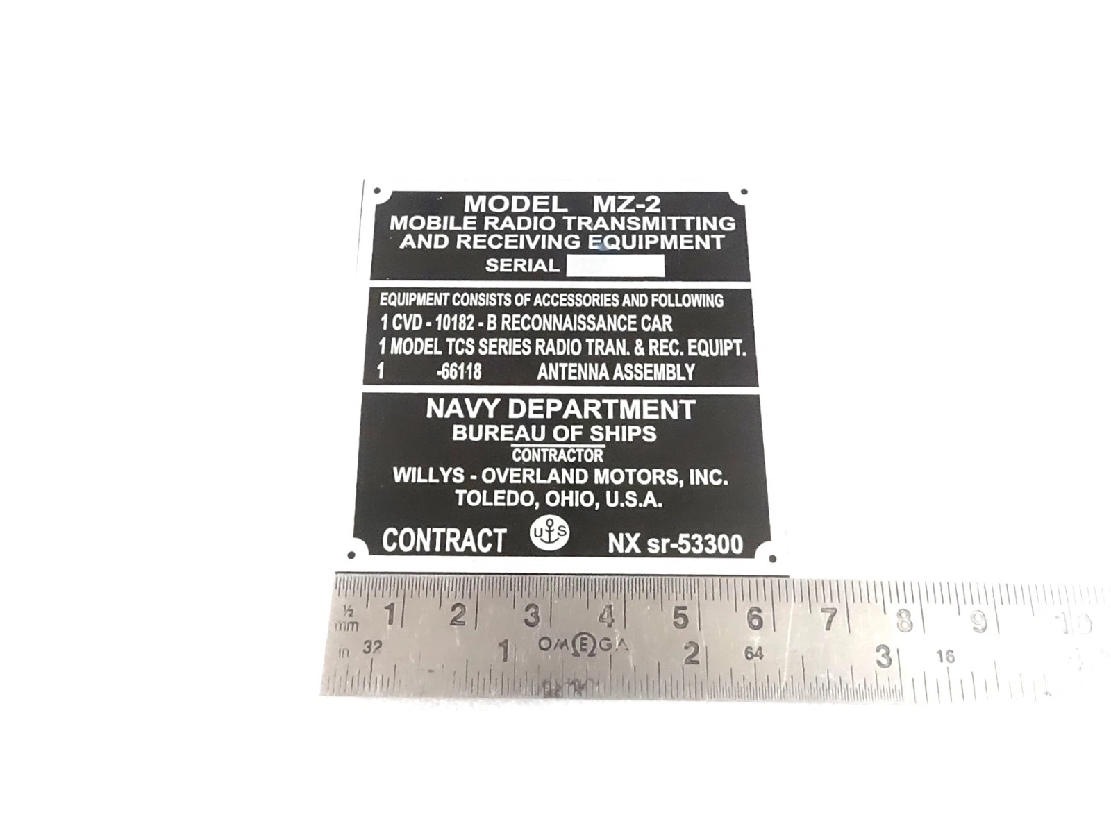 DATA PLATE FITS TO MZ-2 MOBILE RADIO TRANSMITTING WILLYS MB NAVY MARINE DEPTT #V