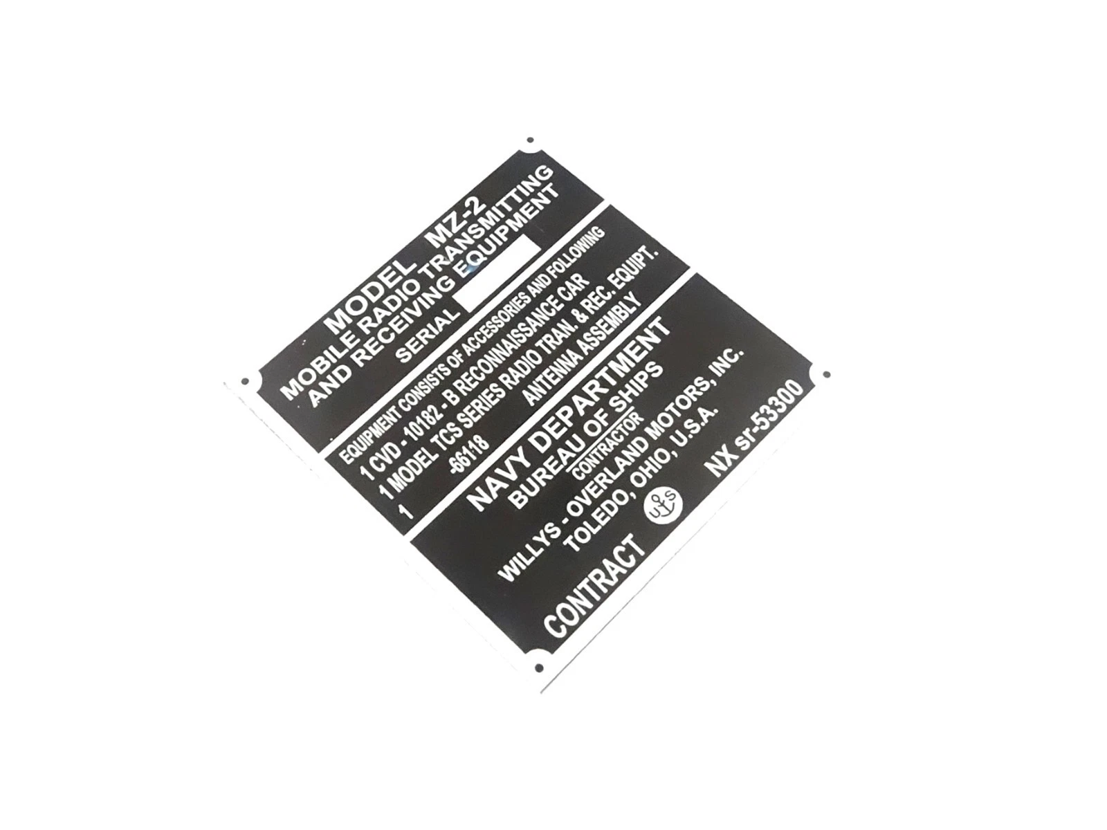 DATA PLATE FITS TO MZ-2 MOBILE RADIO TRANSMITTING WILLYS MB NAVY MARINE DEPTT #V