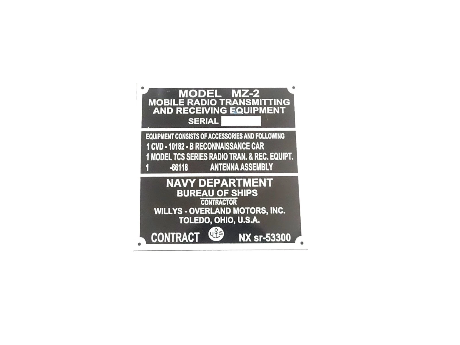 DATA PLATE FITS TO MZ-2 MOBILE RADIO TRANSMITTING WILLYS MB NAVY MARINE DEPTT #V