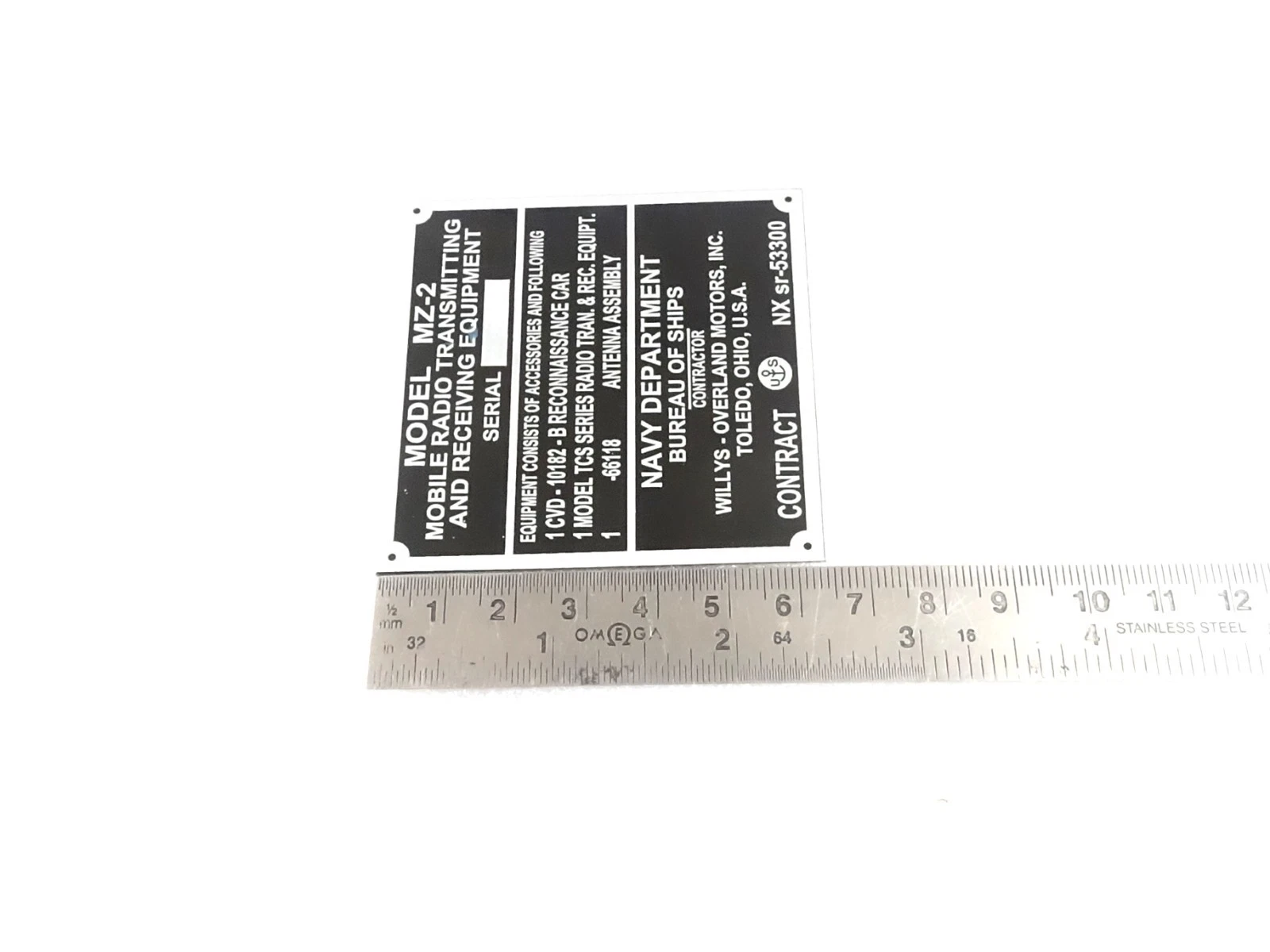 DATA PLATE FITS TO MZ-2 MOBILE RADIO TRANSMITTING WILLYS MB NAVY MARINE DEPTT #V