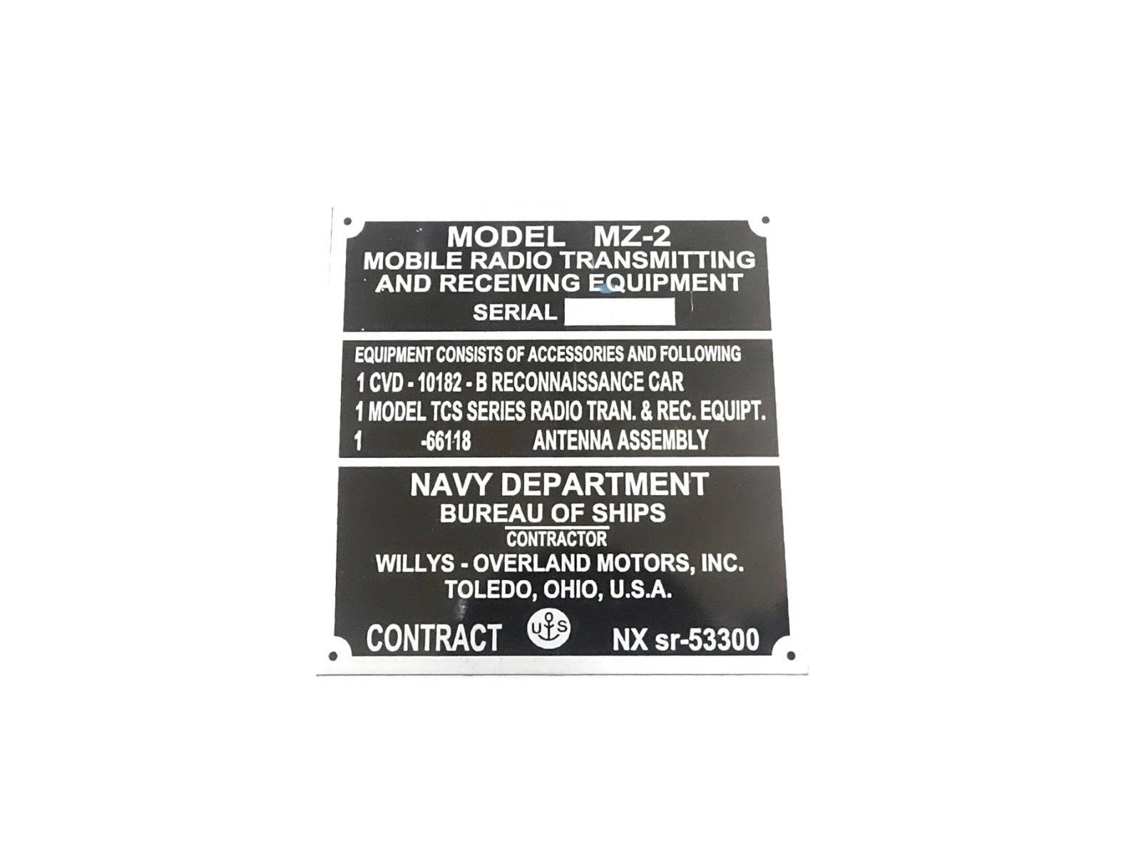 DATA PLATE FITS TO MZ-2 MOBILE RADIO TRANSMITTING WILLYS MB NAVY MARINE DEPTT #V